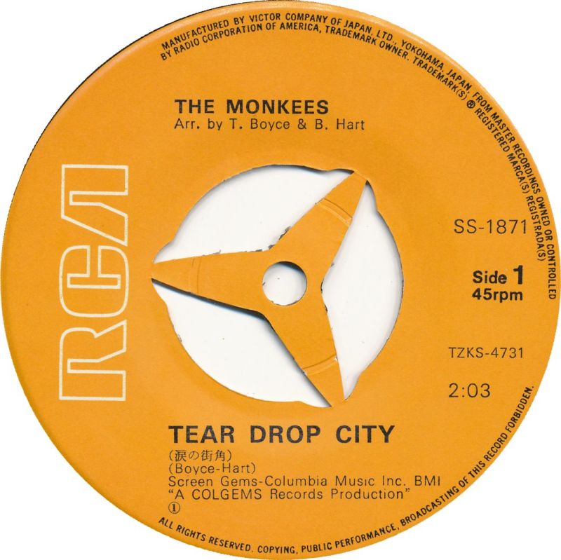 Monkees Japanese Vinyl 7" 45rpm Single: Tear Drop City/A Man Without A Dream