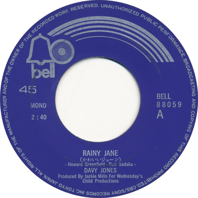 Davy Jones Japanese vinyl single: Rainy Jane/Welcome To My Love